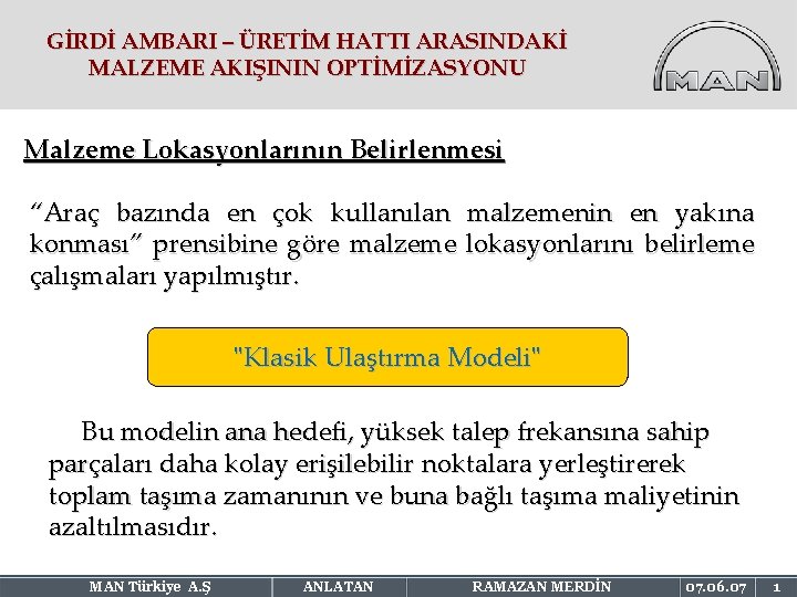 GİRDİ AMBARI – ÜRETİM HATTI ARASINDAKİ MALZEME AKIŞININ OPTİMİZASYONU Malzeme Lokasyonlarının Belirlenmesi “Araç bazında