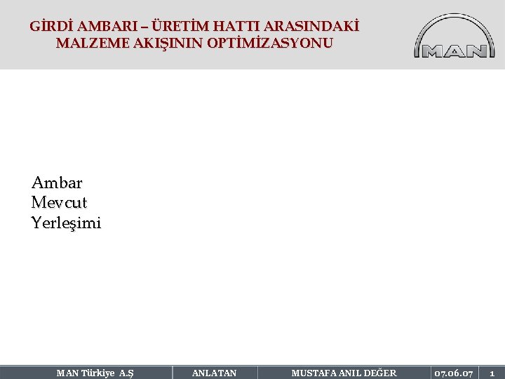 GİRDİ AMBARI – ÜRETİM HATTI ARASINDAKİ MALZEME AKIŞININ OPTİMİZASYONU Ambar Mevcut Yerleşimi MAN Türkiye