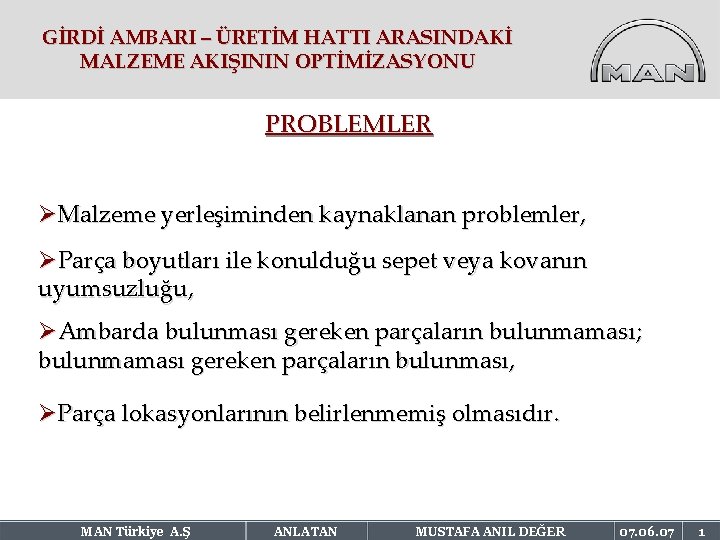 GİRDİ AMBARI – ÜRETİM HATTI ARASINDAKİ MALZEME AKIŞININ OPTİMİZASYONU PROBLEMLER ØMalzeme yerleşiminden kaynaklanan problemler,