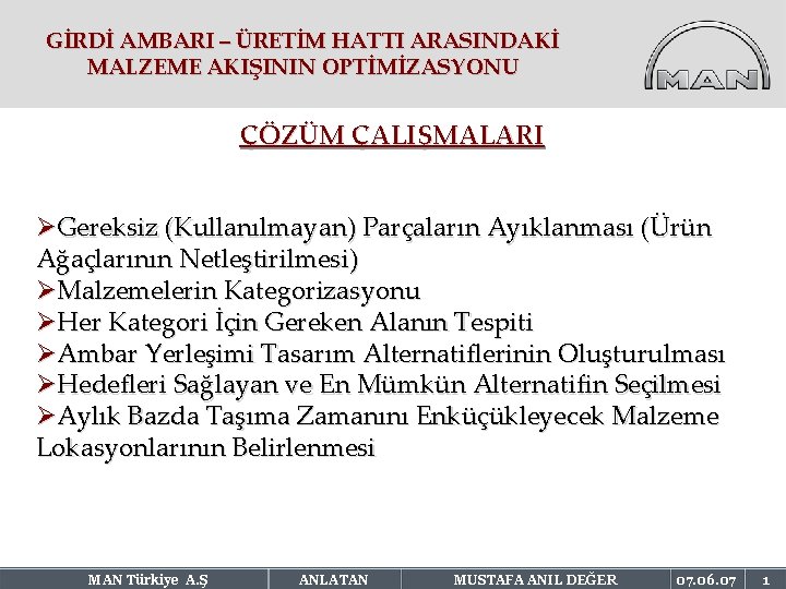 GİRDİ AMBARI – ÜRETİM HATTI ARASINDAKİ MALZEME AKIŞININ OPTİMİZASYONU ÇÖZÜM ÇALIŞMALARI ØGereksiz (Kullanılmayan) Parçaların