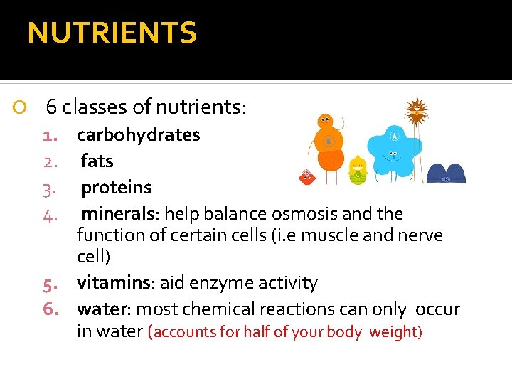 NUTRIENTS 6 classes of nutrients: 1. carbohydrates 2. fats 3. proteins 4. minerals: help