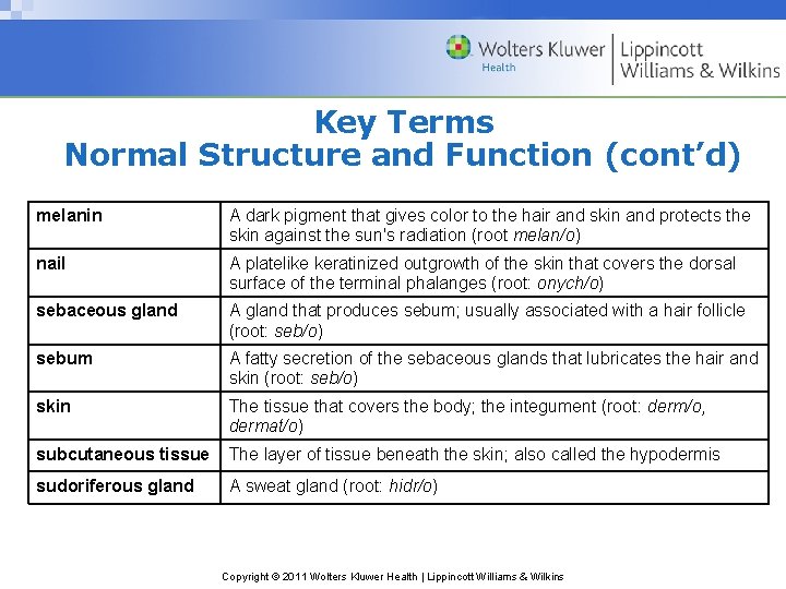 Key Terms Normal Structure and Function (cont’d) melanin A dark pigment that gives color