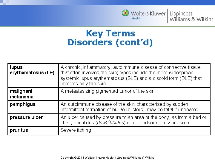 Key Terms Disorders (cont’d) lupus erythematosus (LE) A chronic, inflammatory, autoimmune disease of connective