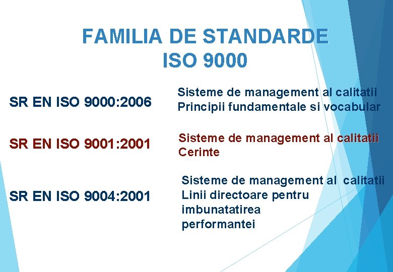 FAMILIA DE STANDARDE ISO 9000 SR EN ISO 9000: 2006 Sisteme de management al