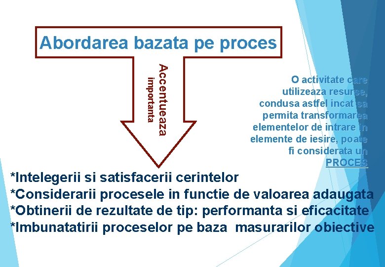 Abordarea bazata pe proces Accentueaza importanta O activitate care utilizeaza resurse, condusa astfel incat