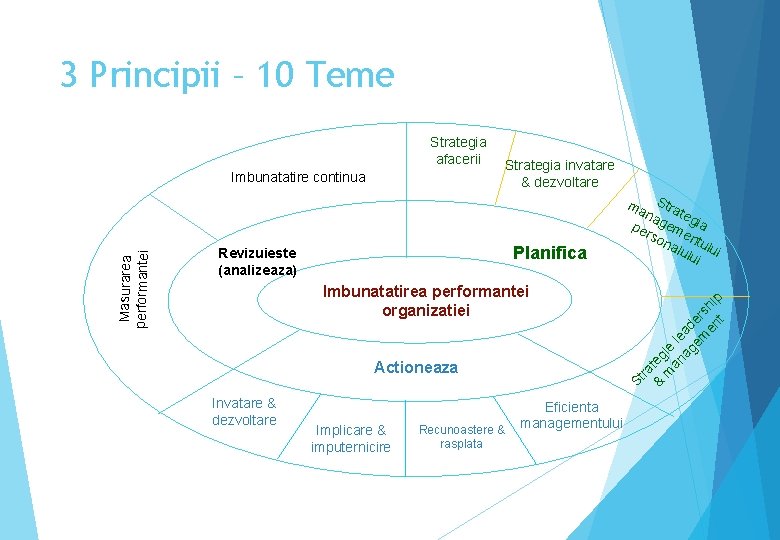 3 Principii – 10 Teme Masurarea performantei Imbunatatire continua Strategia invatare & dezvoltare Planifica