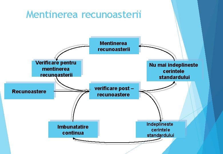 Mentinerea recunoasterii Verificare pentru mentinerea recunoasterii Nu mai indeplineste cerintele standardului verificare post –