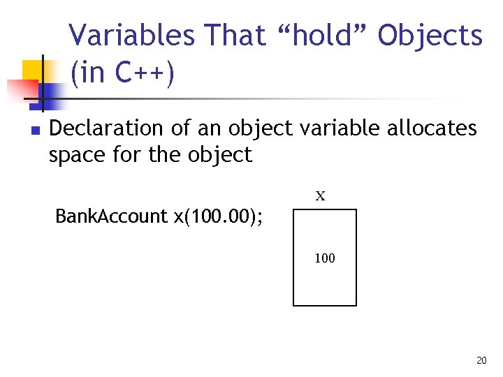 Variables That “hold” Objects (in C++) n Declaration of an object variable allocates space