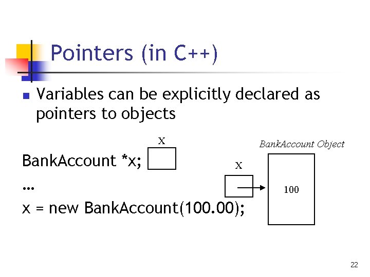 Pointers (in C++) n Variables can be explicitly declared as pointers to objects X