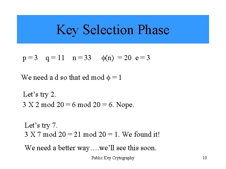 Key Selection Phase p=3 q = 11 n = 33 (n) = 20 e