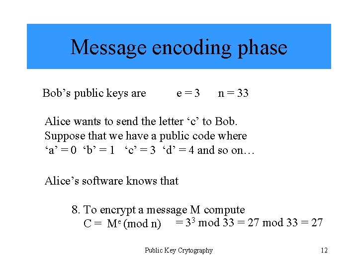 Message encoding phase Bob’s public keys are e=3 n = 33 Alice wants to