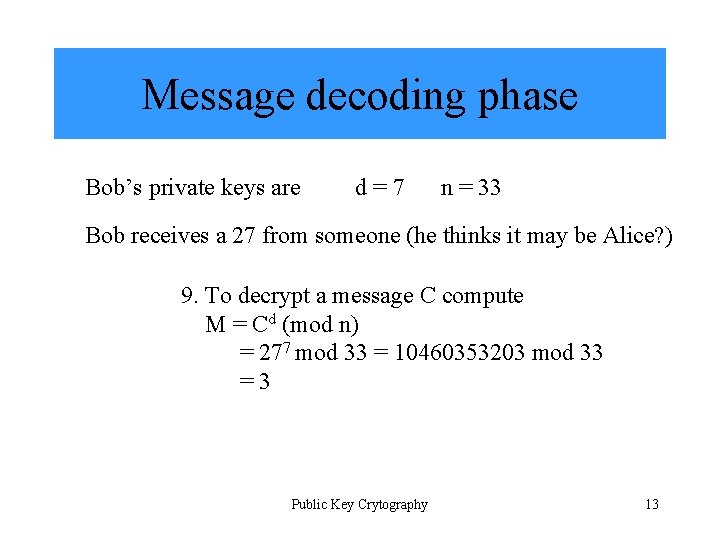 Message decoding phase Bob’s private keys are d=7 n = 33 Bob receives a