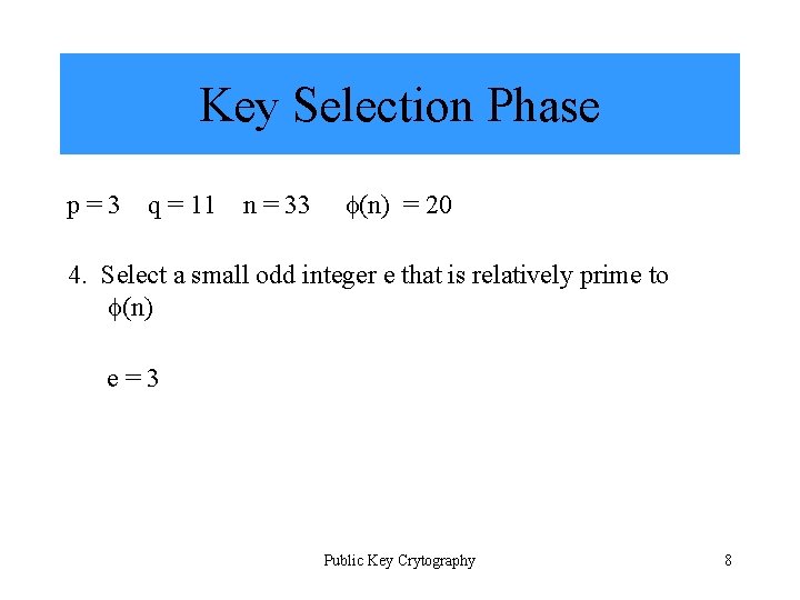 Key Selection Phase p=3 q = 11 n = 33 (n) = 20 4.