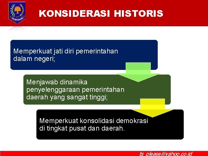 KONSIDERASI HISTORIS Memperkuat jati diri pemerintahan dalam negeri; Menjawab dinamika penyelenggaraan pemerintahan daerah yang