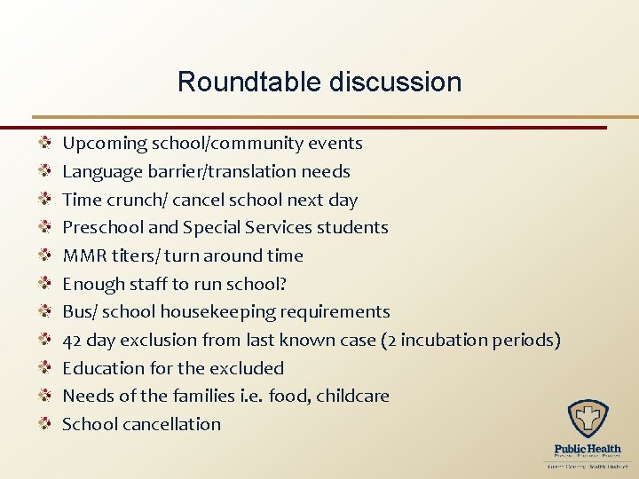 Roundtable discussion Upcoming school/community events Language barrier/translation needs Time crunch/ cancel school next day