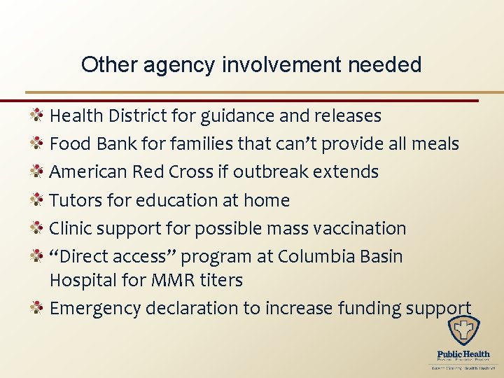Other agency involvement needed Health District for guidance and releases Food Bank for families