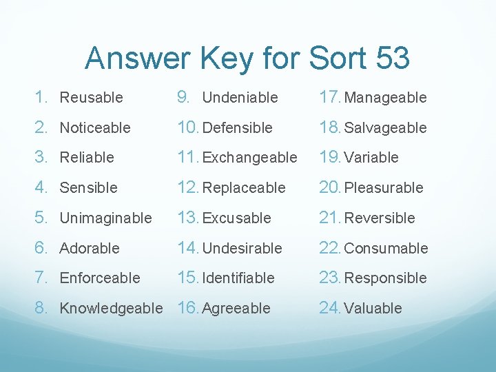 Answer Key for Sort 53 1. Reusable 9. Undeniable 17. Manageable 2. Noticeable 10.