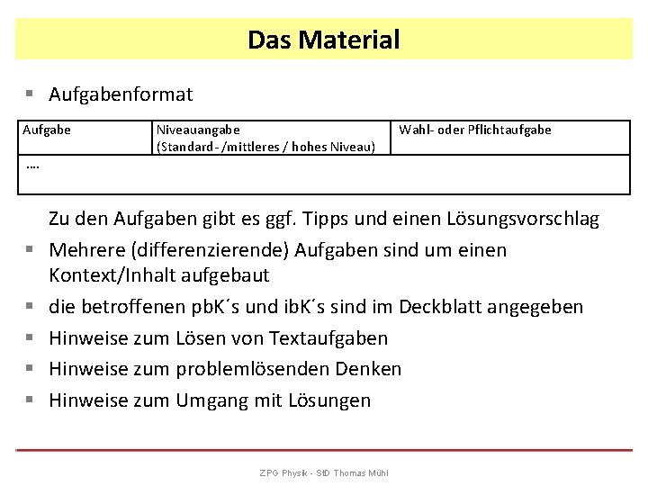 Das Material § Aufgabenformat Aufgabe …. § § § Niveauangabe (Standard- /mittleres / hohes