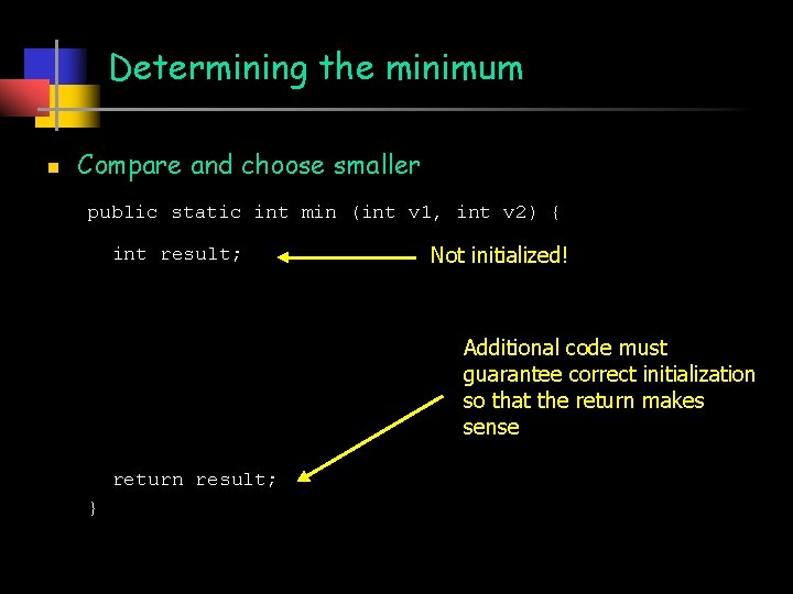 Determining the minimum n Compare and choose smaller public static int min (int v