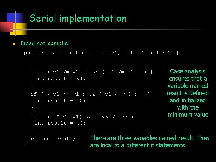 Serial implementation n Does not compile public static int min (int v 1, int