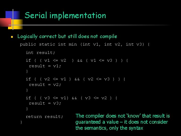 Serial implementation n Logically correct but still does not compile public static int min
