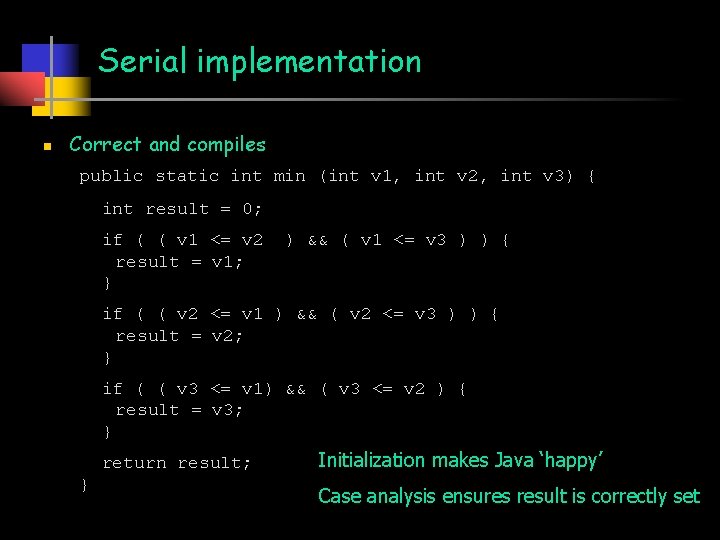 Serial implementation n Correct and compiles public static int min (int v 1, int