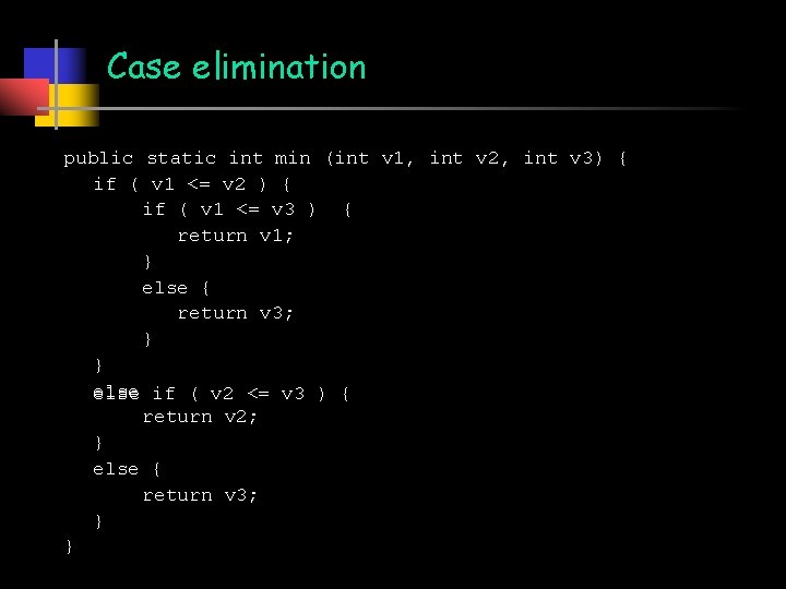 Case elimination public static int min (int v 1, int v 2, int v