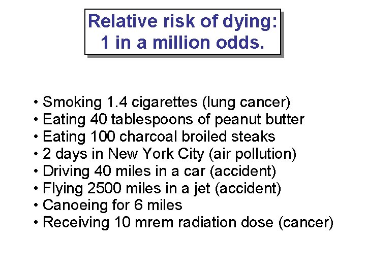 Relative risk of RW dying: I 1 in a million odds. • Smoking 1.