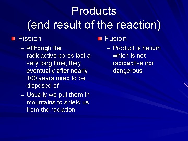 Products (end result of the reaction) Fission – Although the radioactive cores last a
