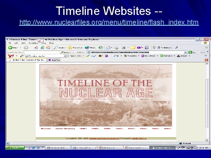 Timeline Websites -http: //www. nuclearfiles. org/menu/timeline/flash_index. htm 
