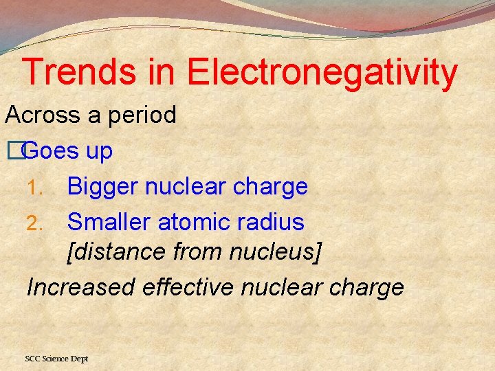 Trends in Electronegativity Across a period �Goes up 1. Bigger nuclear charge 2. Smaller