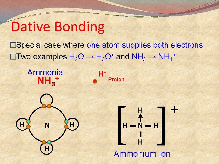 Dative Bonding �Special case where one atom supplies both electrons �Two examples H 2