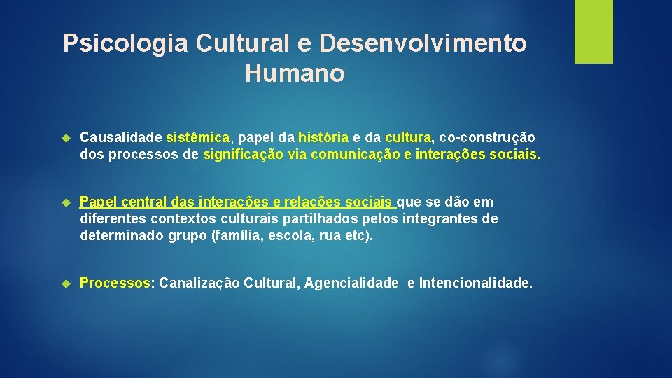 Psicologia Cultural e Desenvolvimento Humano Causalidade sistêmica, papel da história e da cultura, co-construção