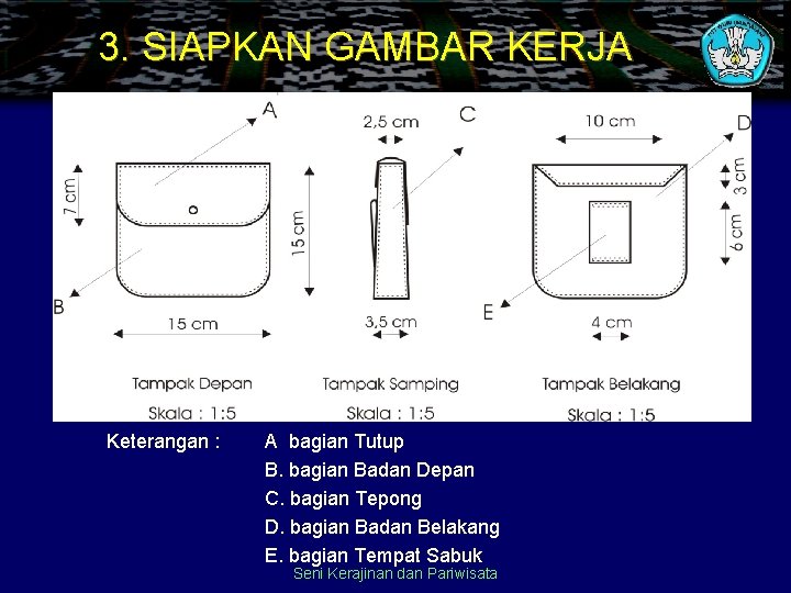 3. SIAPKAN GAMBAR KERJA Keterangan : A bagian Tutup B. bagian Badan Depan C.