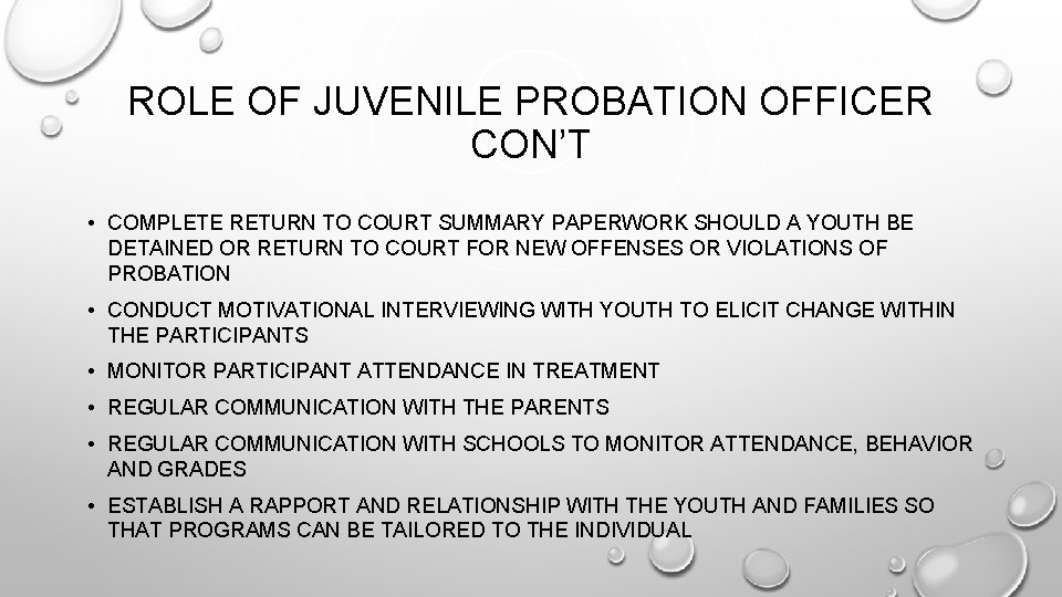 ROLE OF JUVENILE PROBATION OFFICER CON’T • COMPLETE RETURN TO COURT SUMMARY PAPERWORK SHOULD