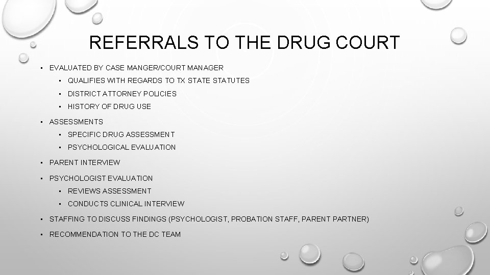 REFERRALS TO THE DRUG COURT • EVALUATED BY CASE MANGER/COURT MANAGER • QUALIFIES WITH