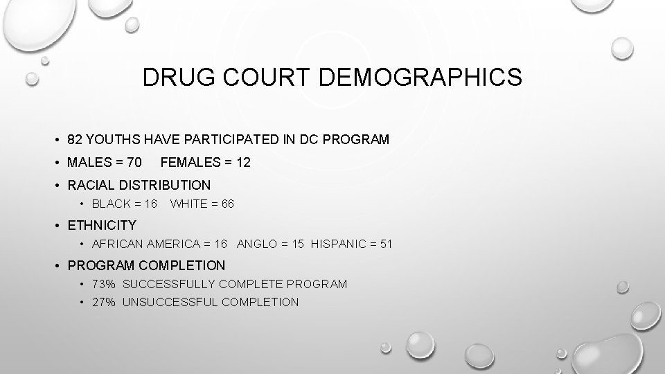 DRUG COURT DEMOGRAPHICS • 82 YOUTHS HAVE PARTICIPATED IN DC PROGRAM • MALES =