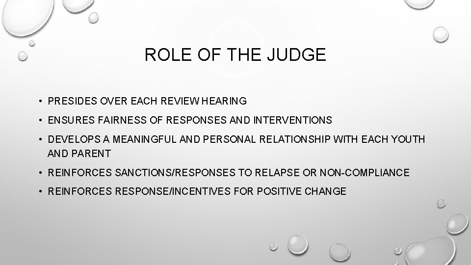 ROLE OF THE JUDGE • PRESIDES OVER EACH REVIEW HEARING • ENSURES FAIRNESS OF