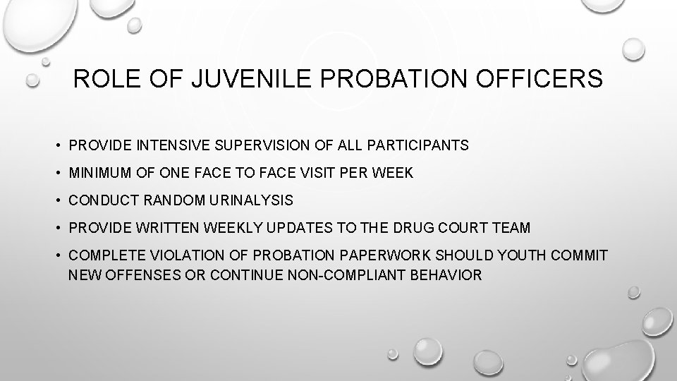 ROLE OF JUVENILE PROBATION OFFICERS • PROVIDE INTENSIVE SUPERVISION OF ALL PARTICIPANTS • MINIMUM