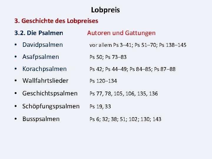 Lobpreis 3. Geschichte des Lobpreises 3. 2. Die Psalmen Autoren und Gattungen • Davidpsalmen