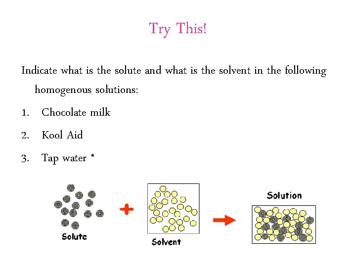 Try This! Indicate what is the solute and what is the solvent in the