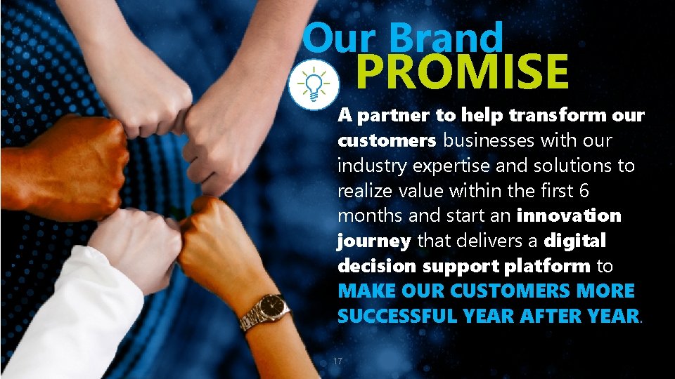 Our Brand PROMISE A partner to help transform our customers businesses with our industry
