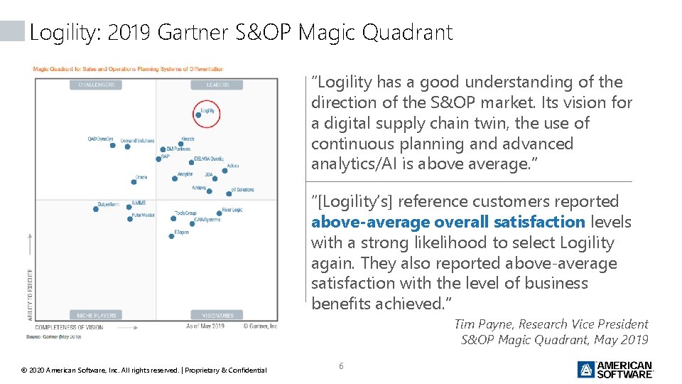 Logility: 2019 Gartner S&OP Magic Quadrant “Logility has a good understanding of the direction