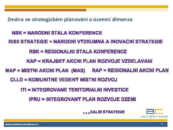 Změna ve strategickém plánování a územní dimenze www. asistencnicentrum. cz 2 