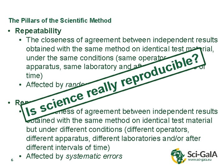 The Pillars of the Scientific Method • Repeatability • The closeness of agreement between