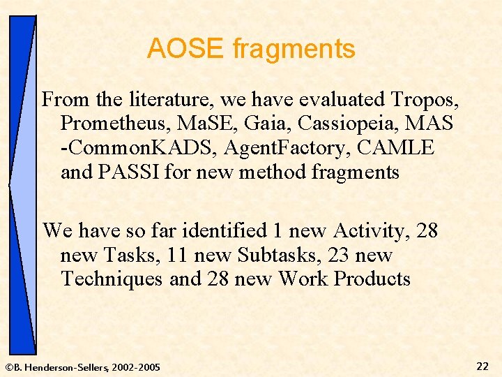AOSE fragments From the literature, we have evaluated Tropos, Prometheus, Ma. SE, Gaia, Cassiopeia,