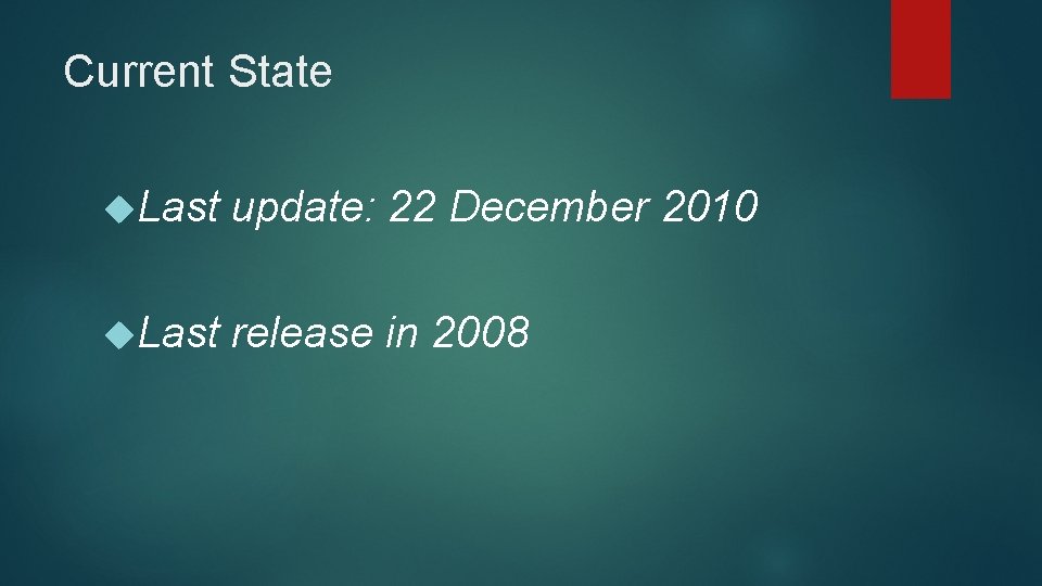 Current State Last update: 22 December 2010 Last release in 2008 Current State Last update: 22 December 2010 Last release in 2008