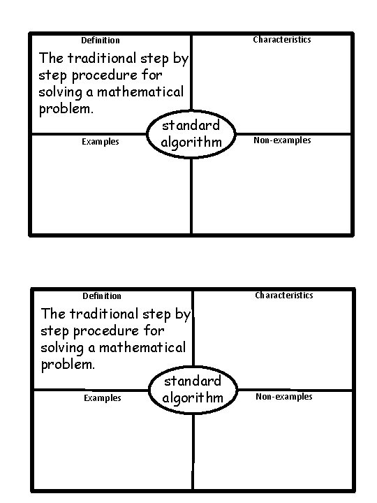 Definition The traditional step by step procedure for solving a mathematical problem. standard Examples Definition The traditional step by step procedure for solving a mathematical problem. standard Examples