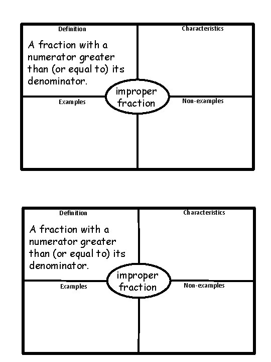 Definition A fraction with a numerator greater than (or equal to) its denominator. improper Definition A fraction with a numerator greater than (or equal to) its denominator. improper