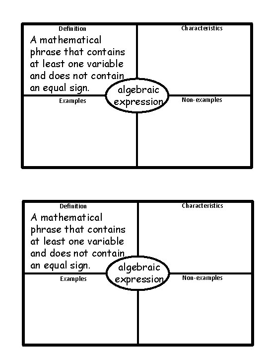 Definition A mathematical phrase that contains at least one variable and does not contain Definition A mathematical phrase that contains at least one variable and does not contain